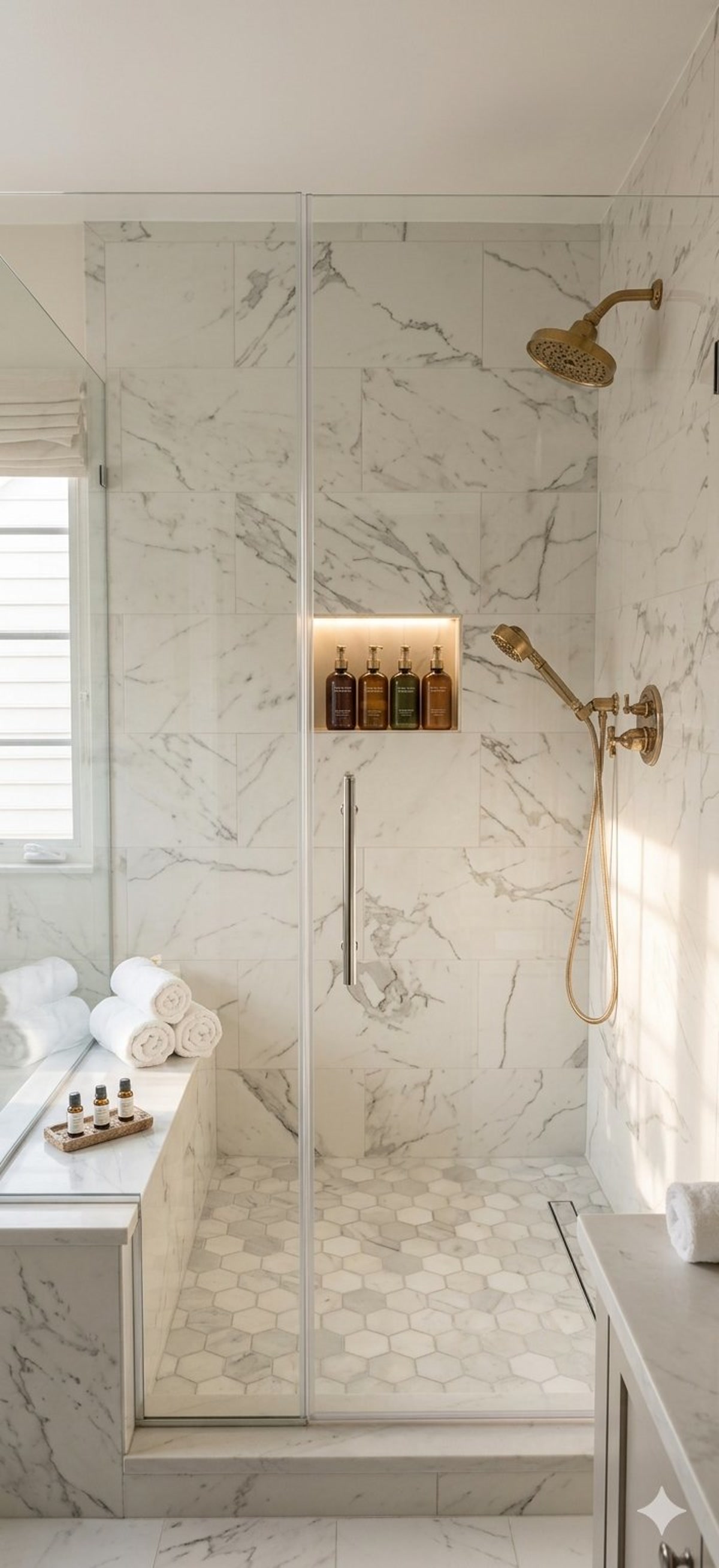 After, marble walk-in shower with frameless glass and brass rain shower