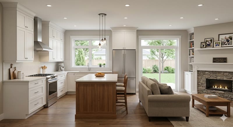 Interior remodeling, open concept kitchen and living room renovation