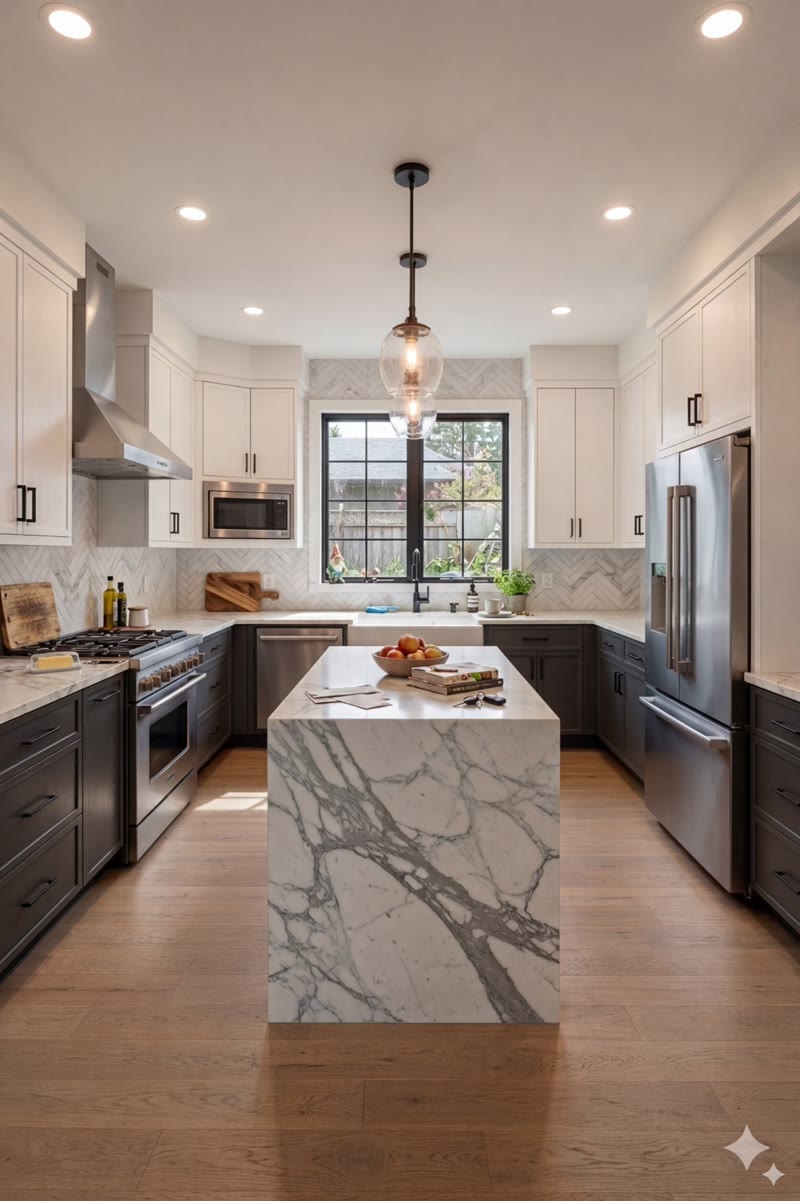 Kitchen remodeling in Northern Virginia, marble island and custom cabinetry